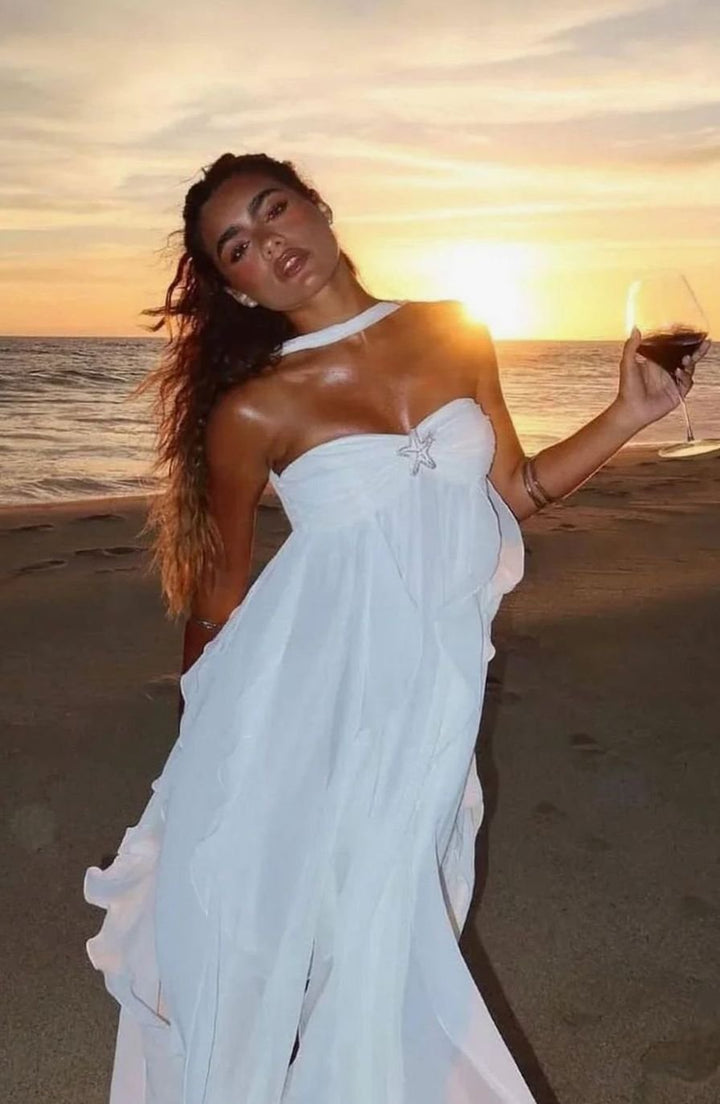 Women's Ruffled Halter-Neck Chiffon Pink Maxi Dress - White