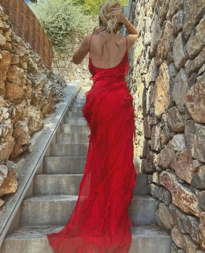 Women's Ruffled Spaghetti-Strap Formal Maxi Wedding Guest Dress