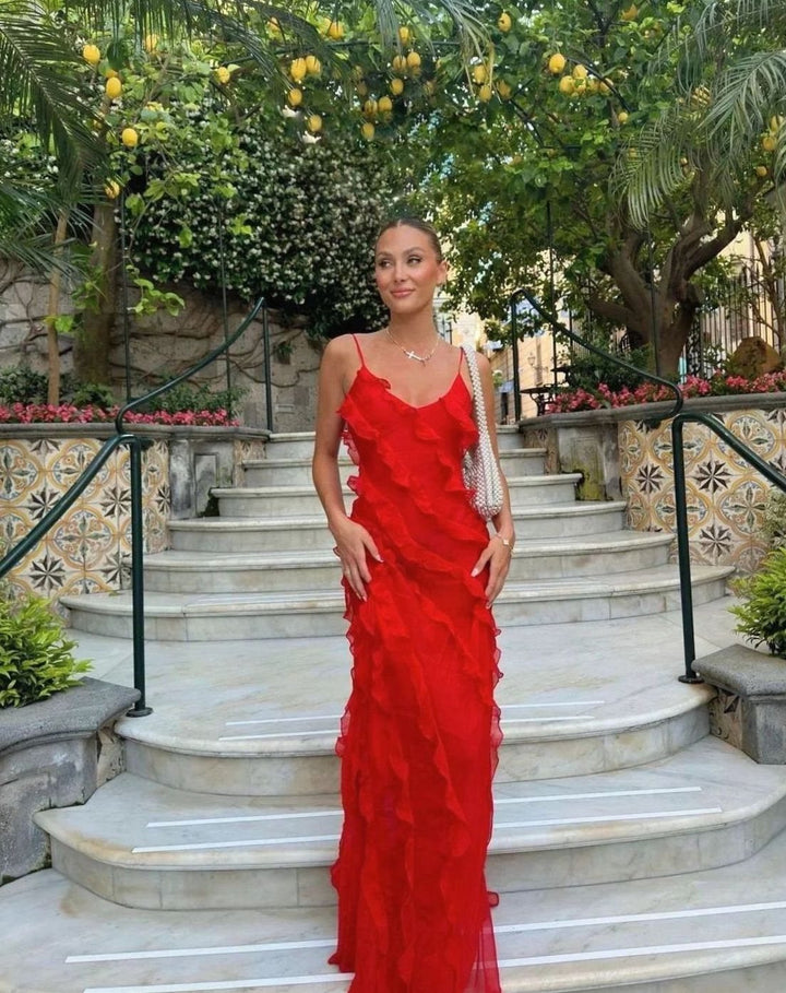 Women's Ruffled Spaghetti-Strap Formal Maxi Wedding Guest Dress