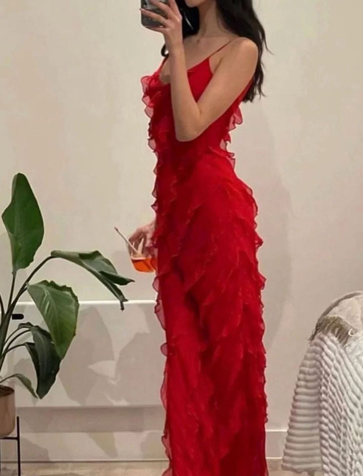 Women's Ruffled Spaghetti-Strap Formal Maxi Wedding Guest Dress