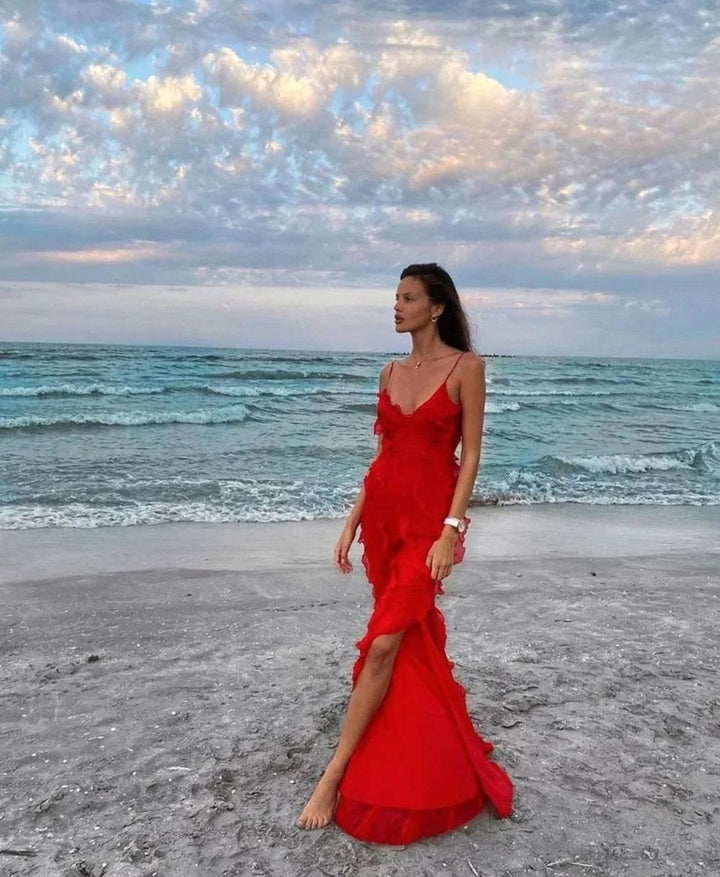 Women's Ruffled Spaghetti-Strap Formal Maxi Wedding Guest Dress