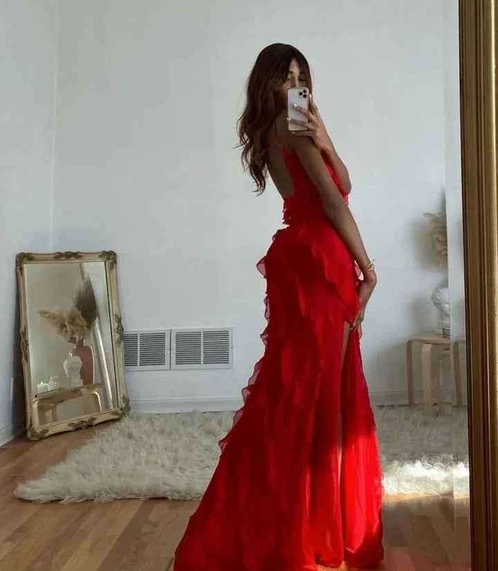 Women's Ruffled Spaghetti-Strap Formal Maxi Wedding Guest Dress