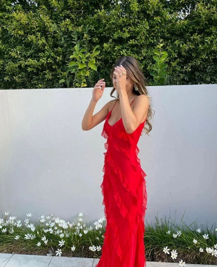 Women's Ruffled Spaghetti-Strap Formal Maxi Wedding Guest Dress