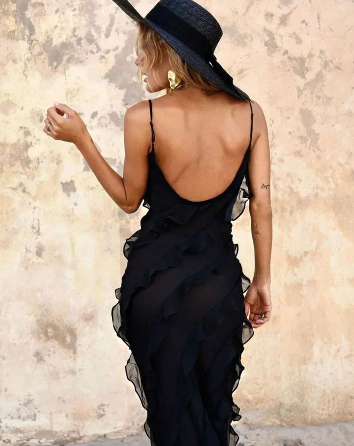Women's Ruffled Spaghetti-Strap Formal Maxi Wedding Guest Dress