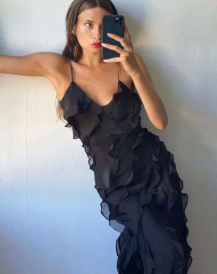 Women's Ruffled Spaghetti-Strap Formal Maxi Wedding Guest Dress