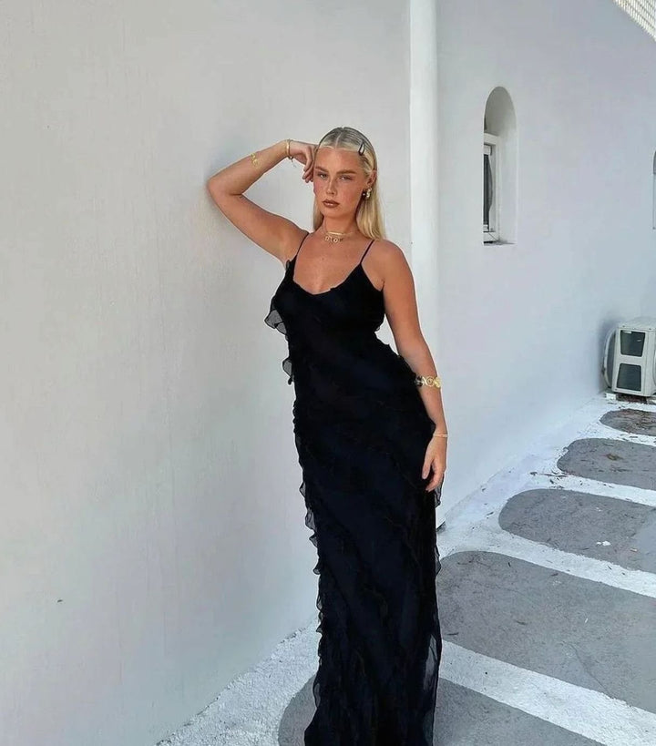 Women's Ruffled Spaghetti-Strap Formal Maxi Wedding Guest Dress