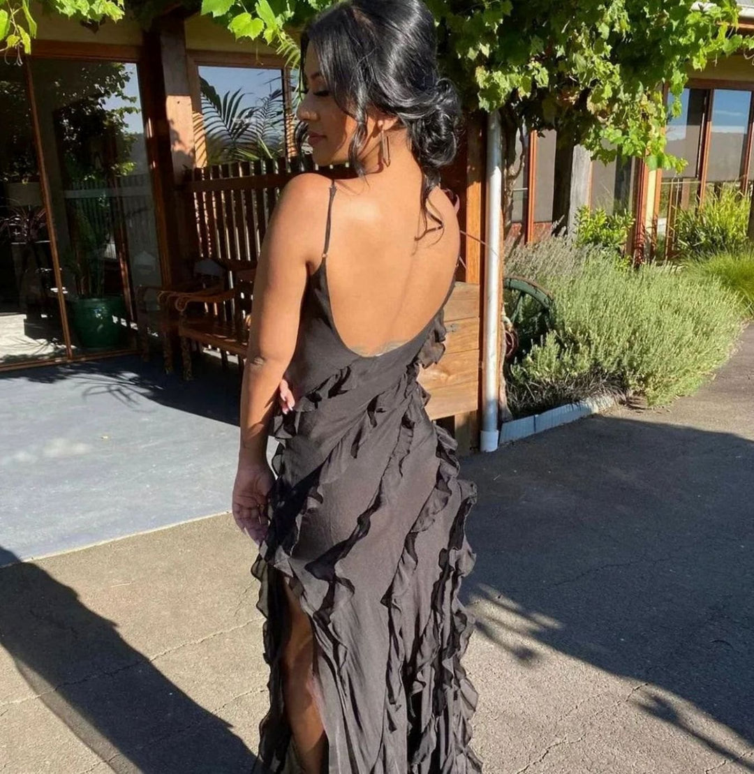 Women's Ruffled Spaghetti-Strap Formal Maxi Wedding Guest Dress