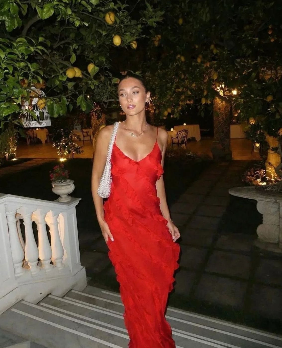 Women's Ruffled Spaghetti-Strap Formal Maxi Wedding Guest Dress