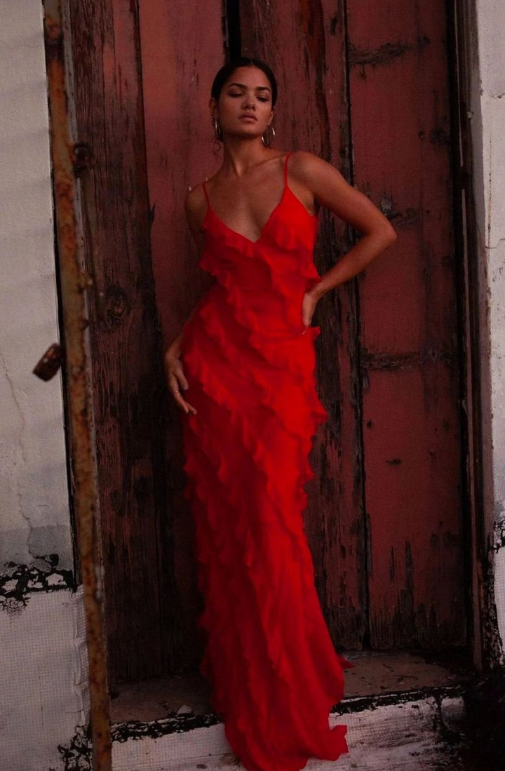 Women's Ruffled Spaghetti-Strap Formal Maxi Wedding Guest Dress