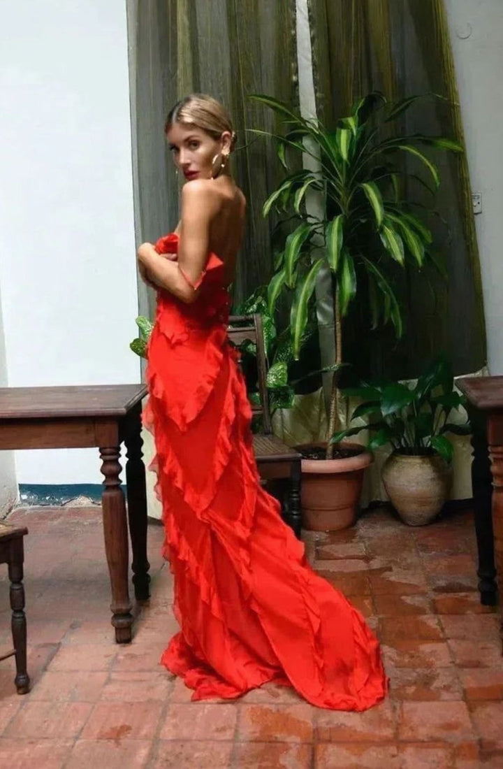 Women's Ruffled Spaghetti-Strap Formal Maxi Wedding Guest Dress