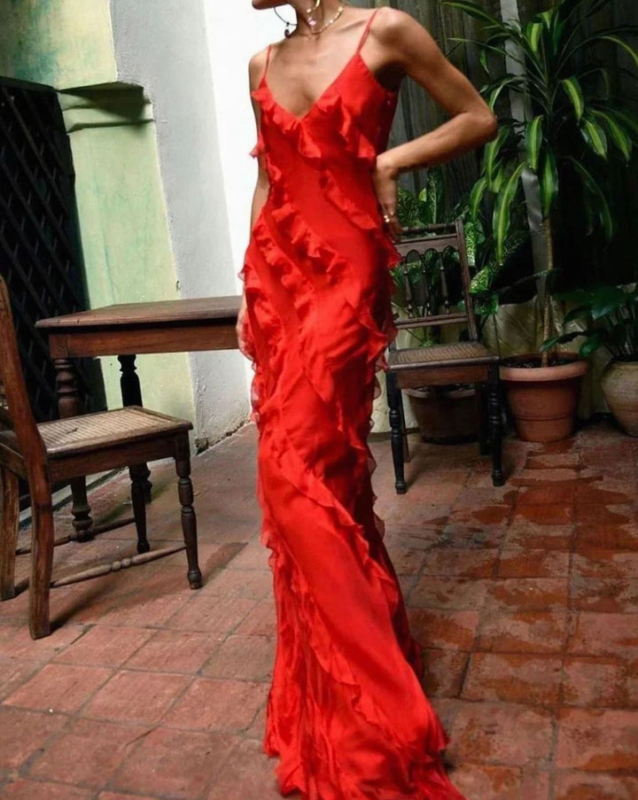 Women's Ruffled Spaghetti-Strap Formal Maxi Wedding Guest Dress