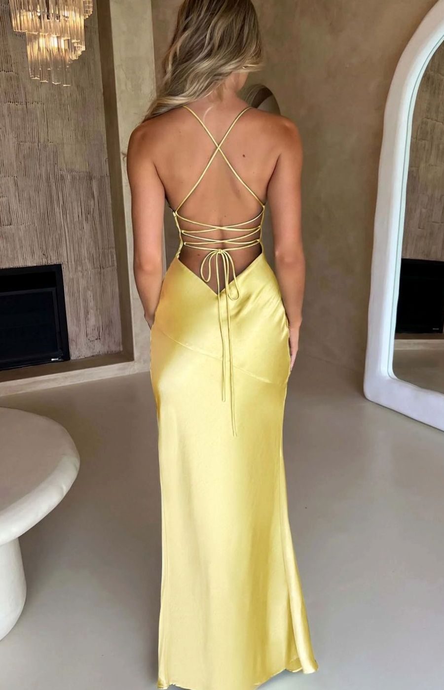 Women's Satin Evening Maxi Dress V-Neck Halter High-Slit Gown