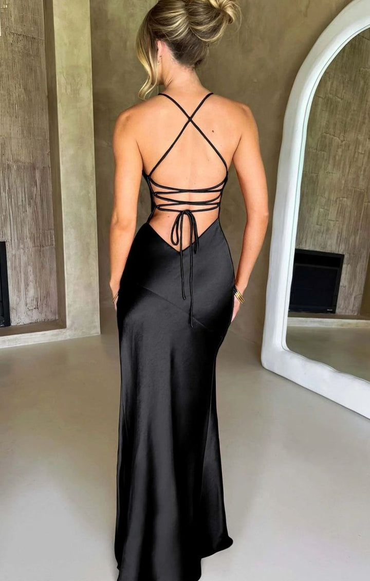 Women's Satin Evening Maxi Dress V-Neck Halter High-Slit Gown