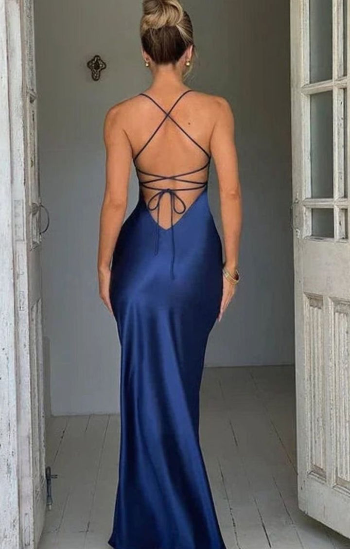 Women's Satin Evening Maxi Dress V-Neck Halter High-Slit Gown