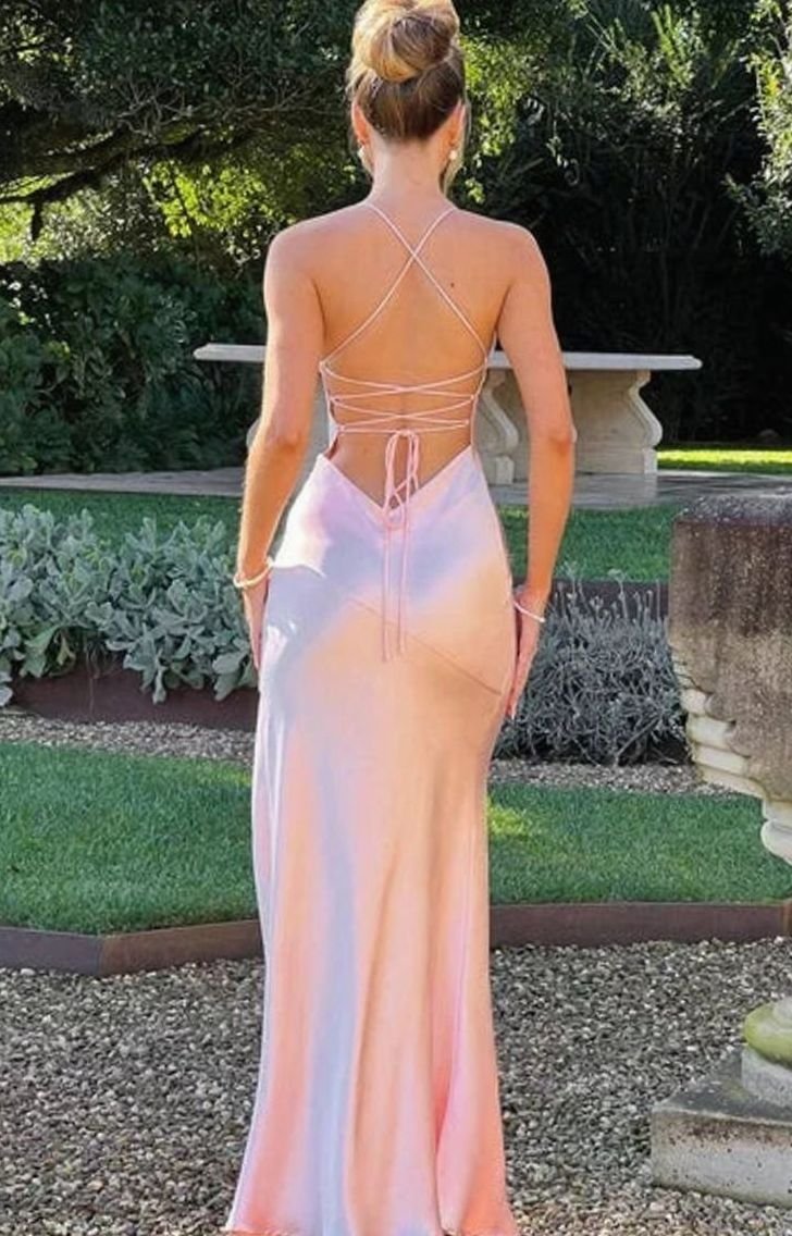 Women's Satin Evening Maxi Dress V-Neck Halter High-Slit Gown