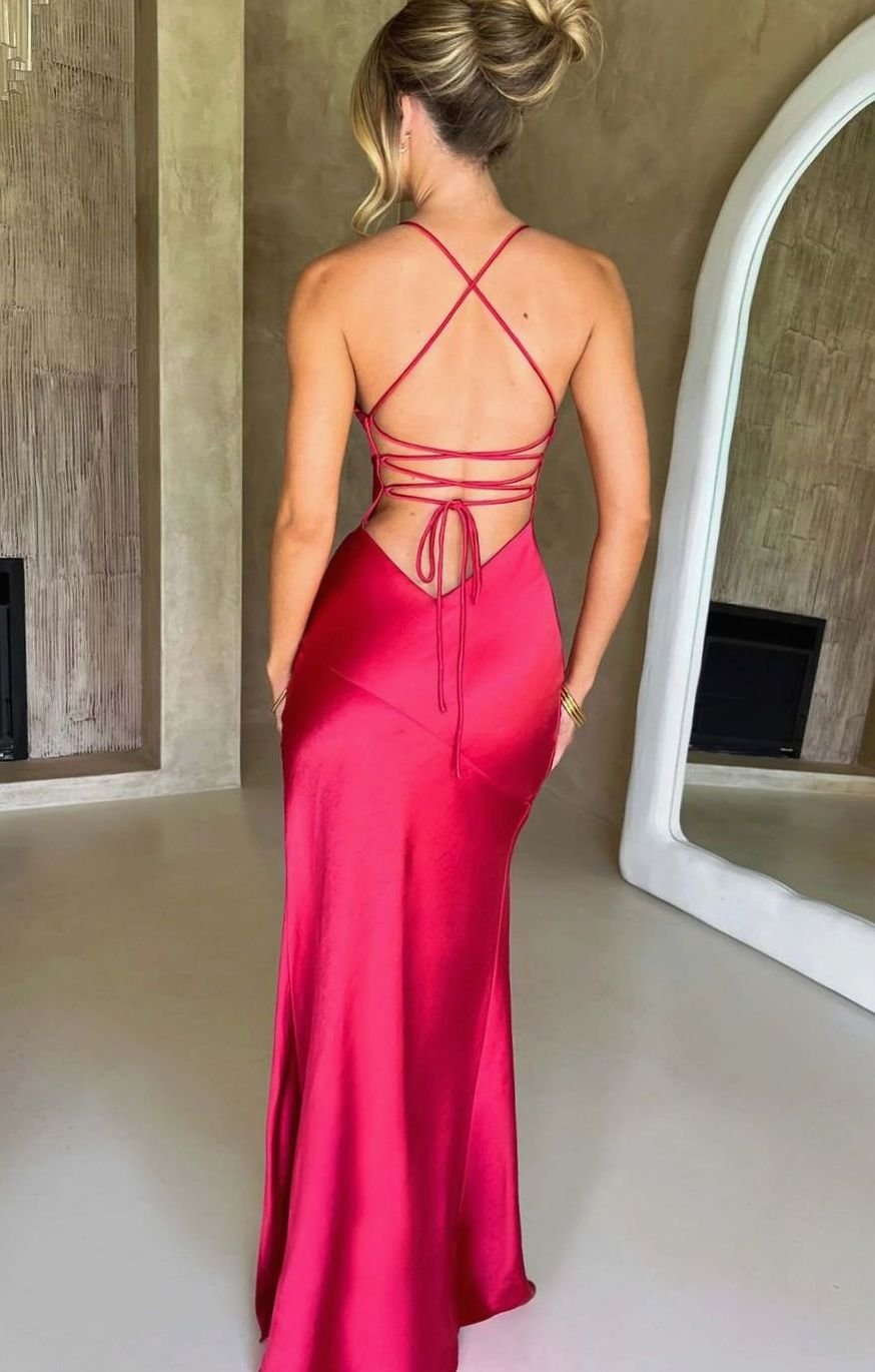 Women's Satin Evening Maxi Dress V-Neck Halter High-Slit Gown
