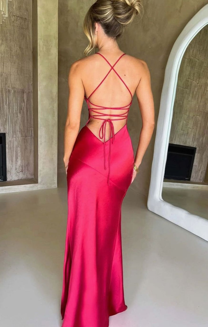 Women's Satin Evening Maxi Dress V-Neck Halter High-Slit Gown