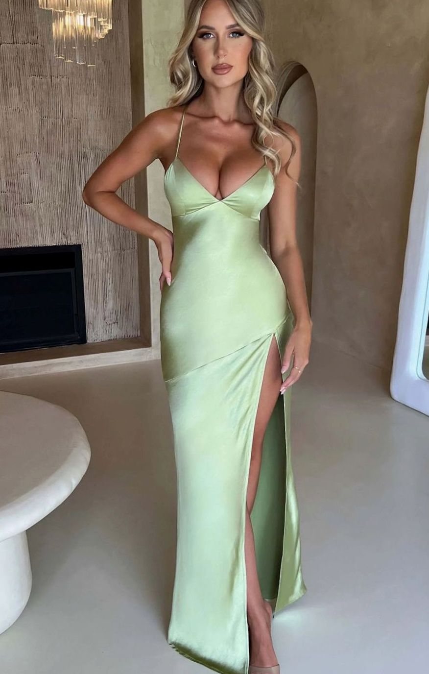 Women's Satin Evening Maxi Dress V-Neck Halter High-Slit Gown - Green