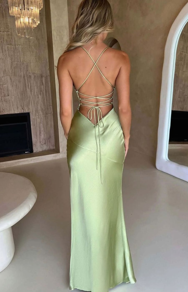 Women's Satin Evening Maxi Dress V-Neck Halter High-Slit Gown