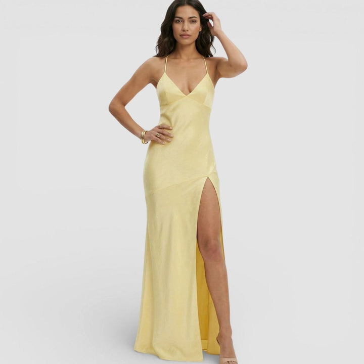 Women's Satin-Finish V-Neck High-Slit Maxi Dress - Yellow