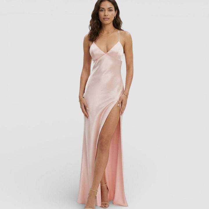 Women's Satin-Finish V-Neck High-Slit Maxi Dress - Pink