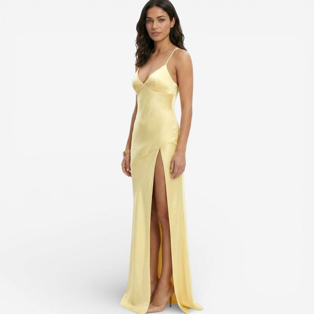 Women's Satin-Finish V-Neck High-Slit Maxi Dress
