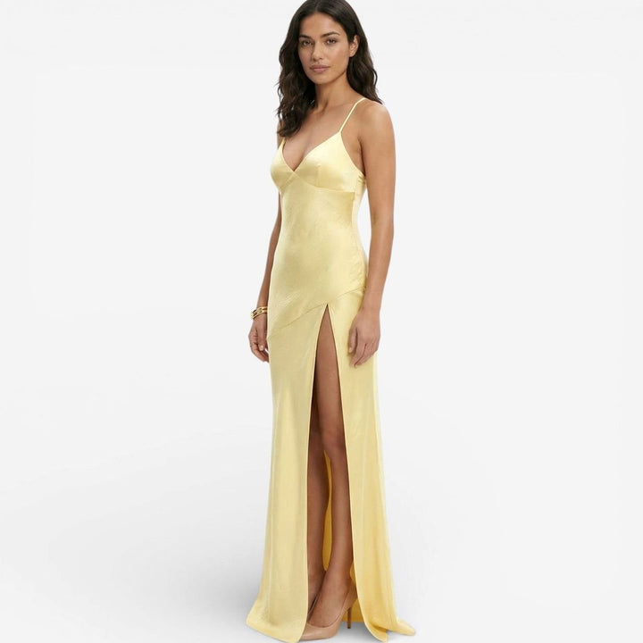 Women's Satin-Finish V-Neck High-Slit Maxi Dress