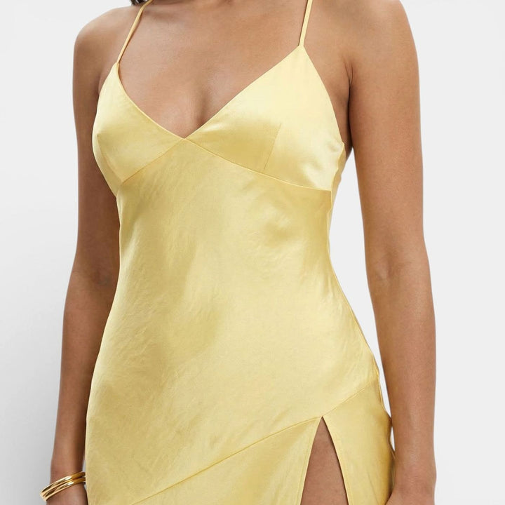 Women's Satin-Finish V-Neck High-Slit Maxi Dress