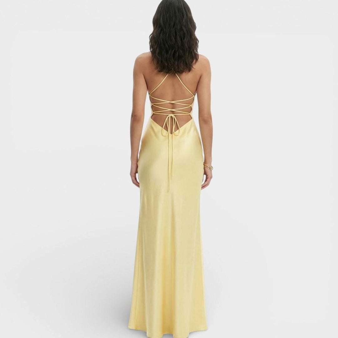 Women's Satin-Finish V-Neck High-Slit Maxi Dress