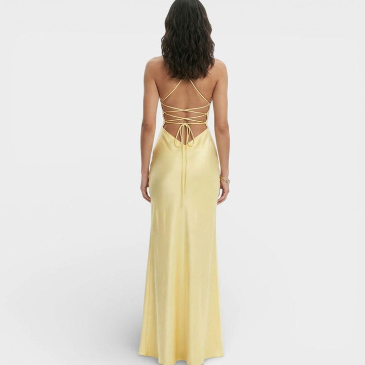 Women's Satin-Finish V-Neck High-Slit Maxi Dress