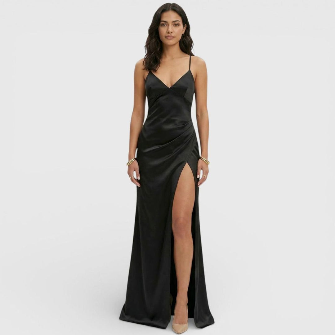 Women's Satin-Finish V-Neck High-Slit Maxi Dress - Black