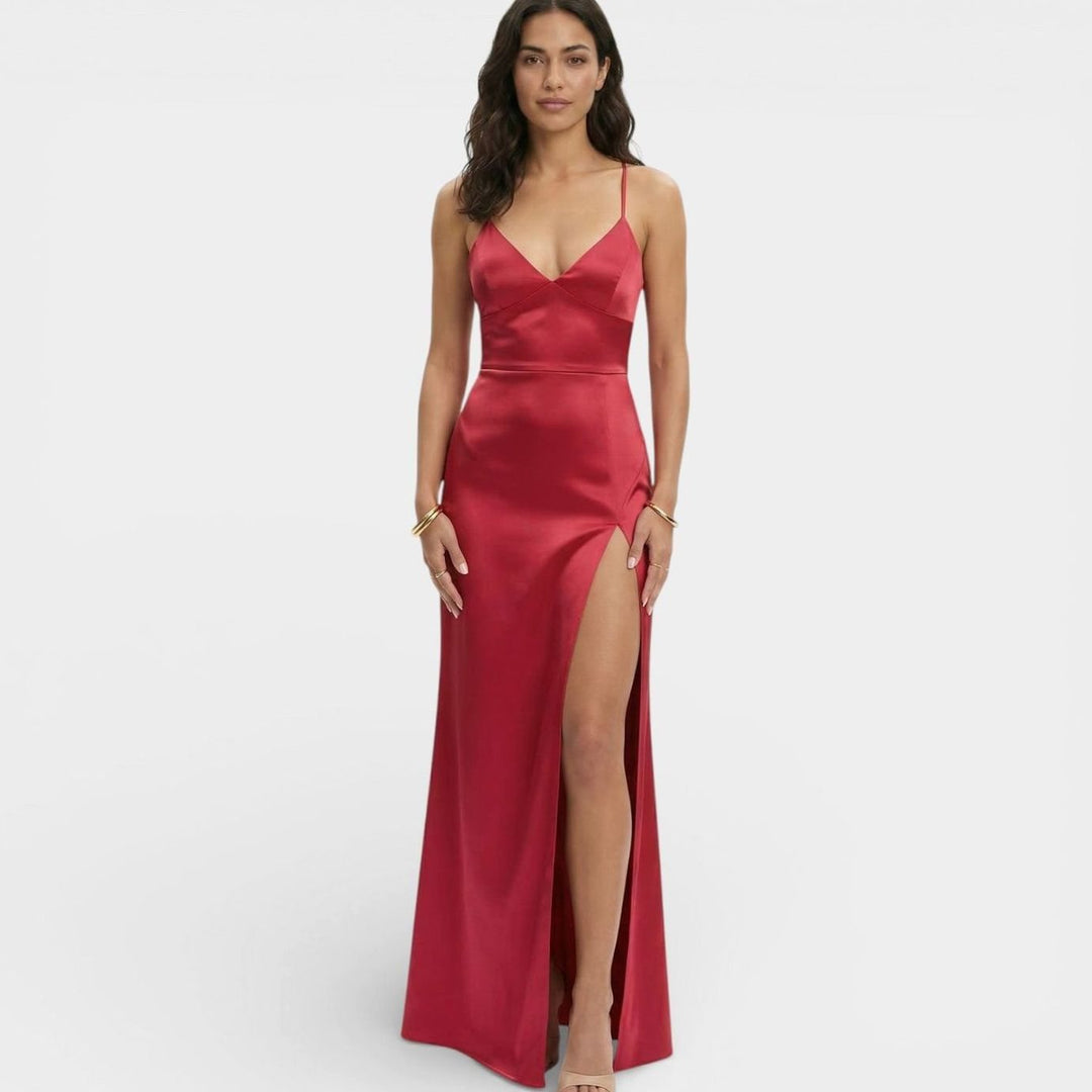 Women's Satin-Finish V-Neck High-Slit Maxi Dress - Red