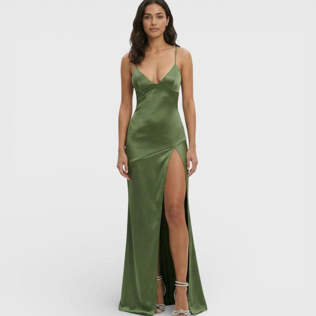 Women's Satin-Finish V-Neck High-Slit Maxi Dress - Green