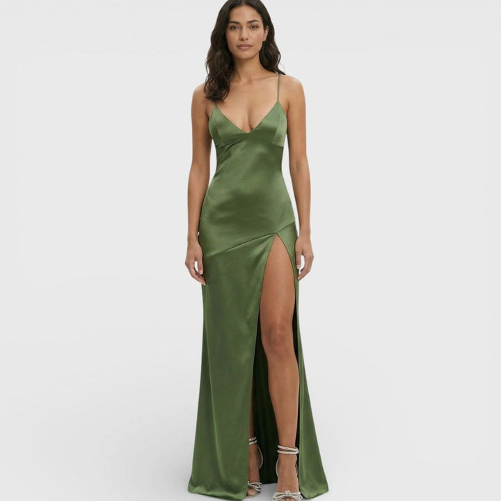 Women's Satin-Finish V-Neck High-Slit Maxi Dress - Green