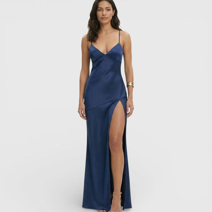 Women's Satin-Finish V-Neck High-Slit Maxi Dress - Blue