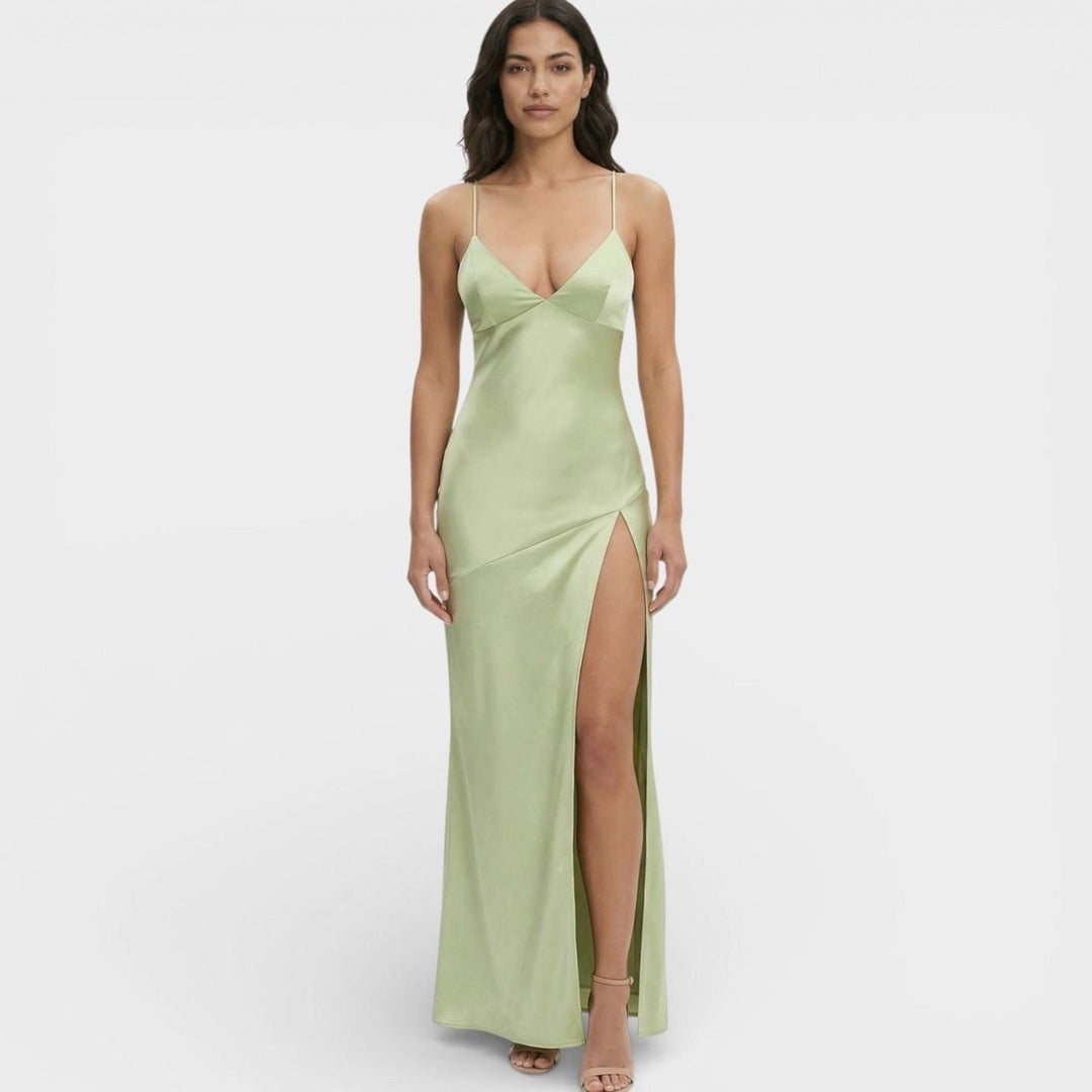 Women's Satin-Finish V-Neck High-Slit Maxi Dress - Light Green