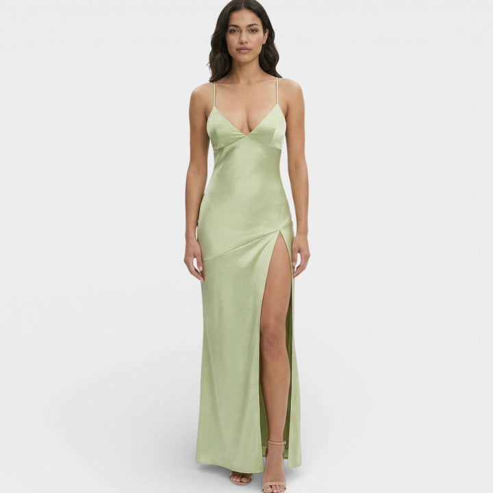 Women's Satin-Finish V-Neck High-Slit Maxi Dress - Light Green