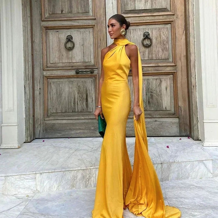 Women's Satin Halter-Neck Cape-Detail Open-Back Maxi Dress - Yellow
