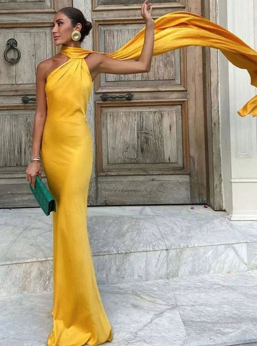 Women's Satin Halter-Neck Cape-Detail Open-Back Maxi Dress