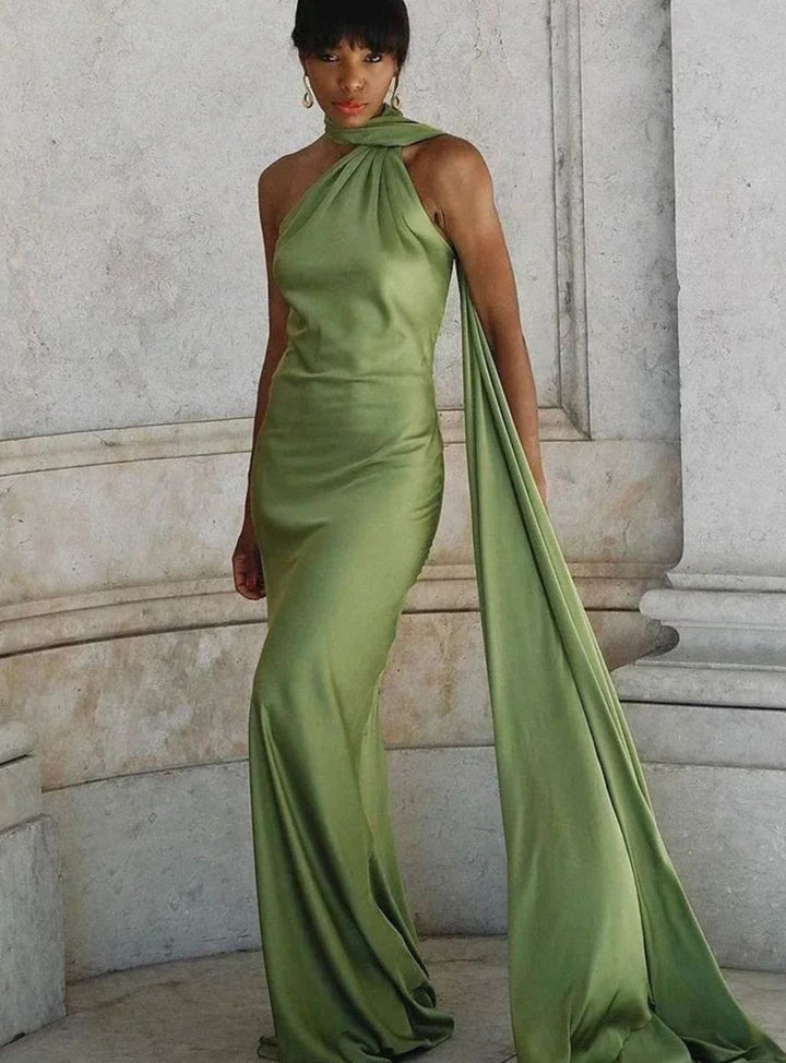 Women's Satin Halter-Neck Cape-Detail Open-Back Maxi Dress - Green