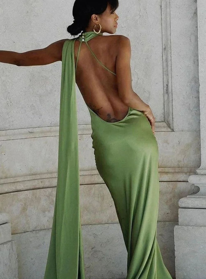 Women's Satin Halter-Neck Cape-Detail Open-Back Maxi Dress