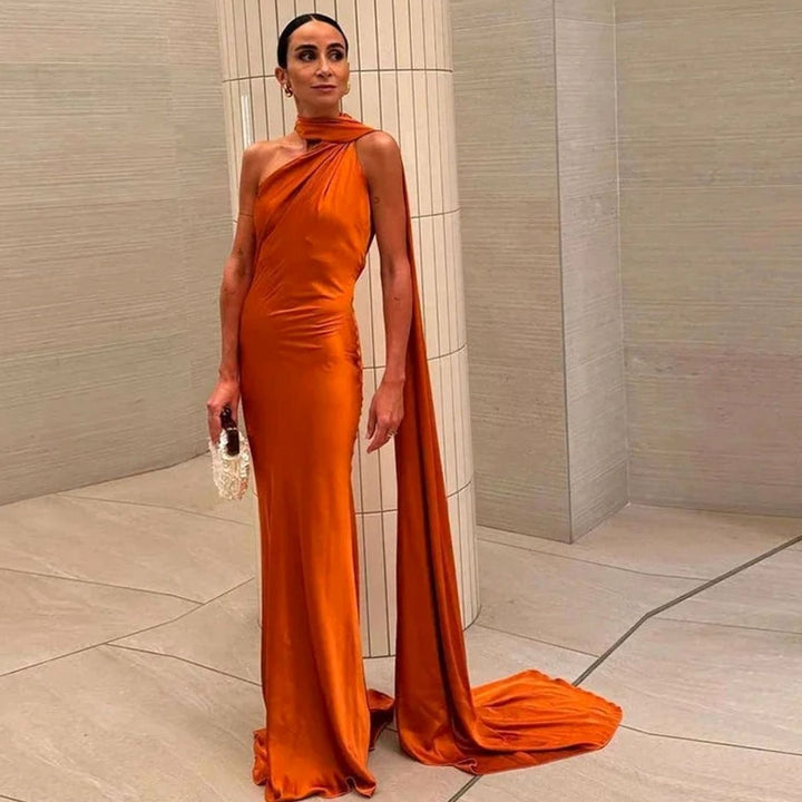 Women's Satin Halter-Neck Cape-Detail Open-Back Maxi Dress - Orange