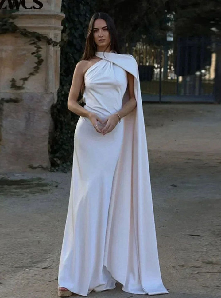 Women's Satin Halter-Neck Cape-Detail Open-Back Maxi Dress