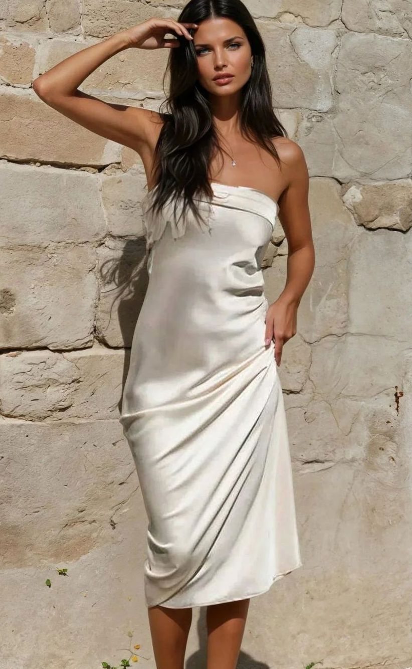 Women's Satin Strapless Ruched Midi Maxi Dress - Light Brown