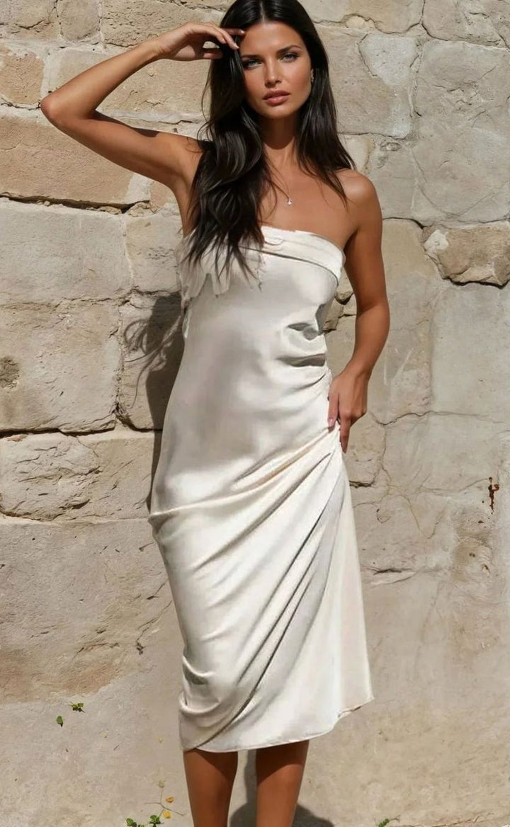 Women's Satin Strapless Ruched Midi Maxi Dress - Light Brown