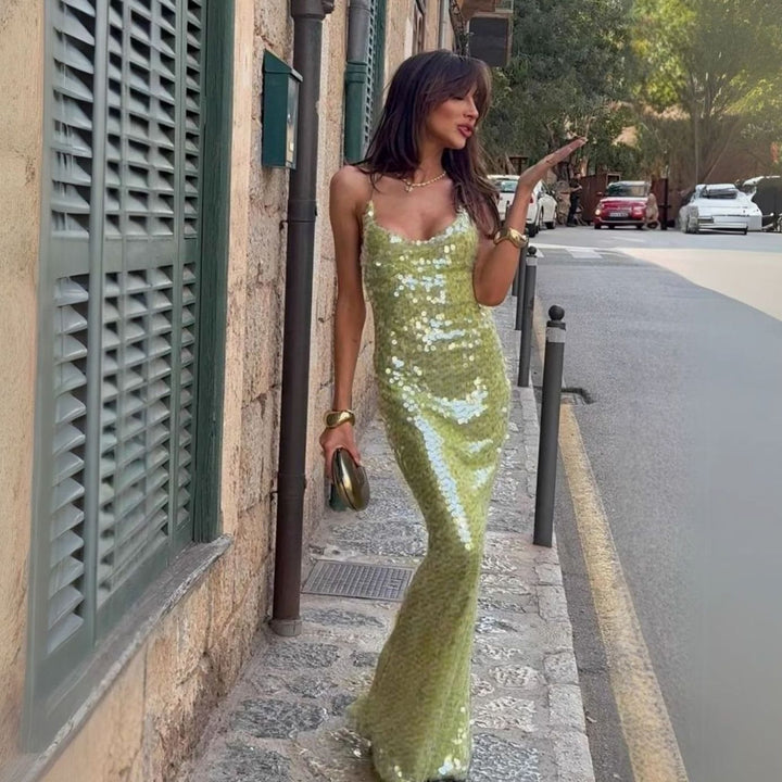 Women's Sequin Cowl-Neck Spaghetti-Strap Flared Maxi Dress - Green