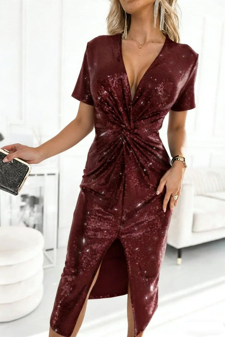 Women's Sequin Deep V-Neck Twist-Front Slit Cocktail Dress - Bordeaux