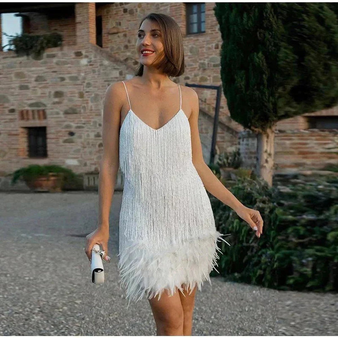 Women's Sequin Fringe Feather-Trim Mini Cocktail Dress