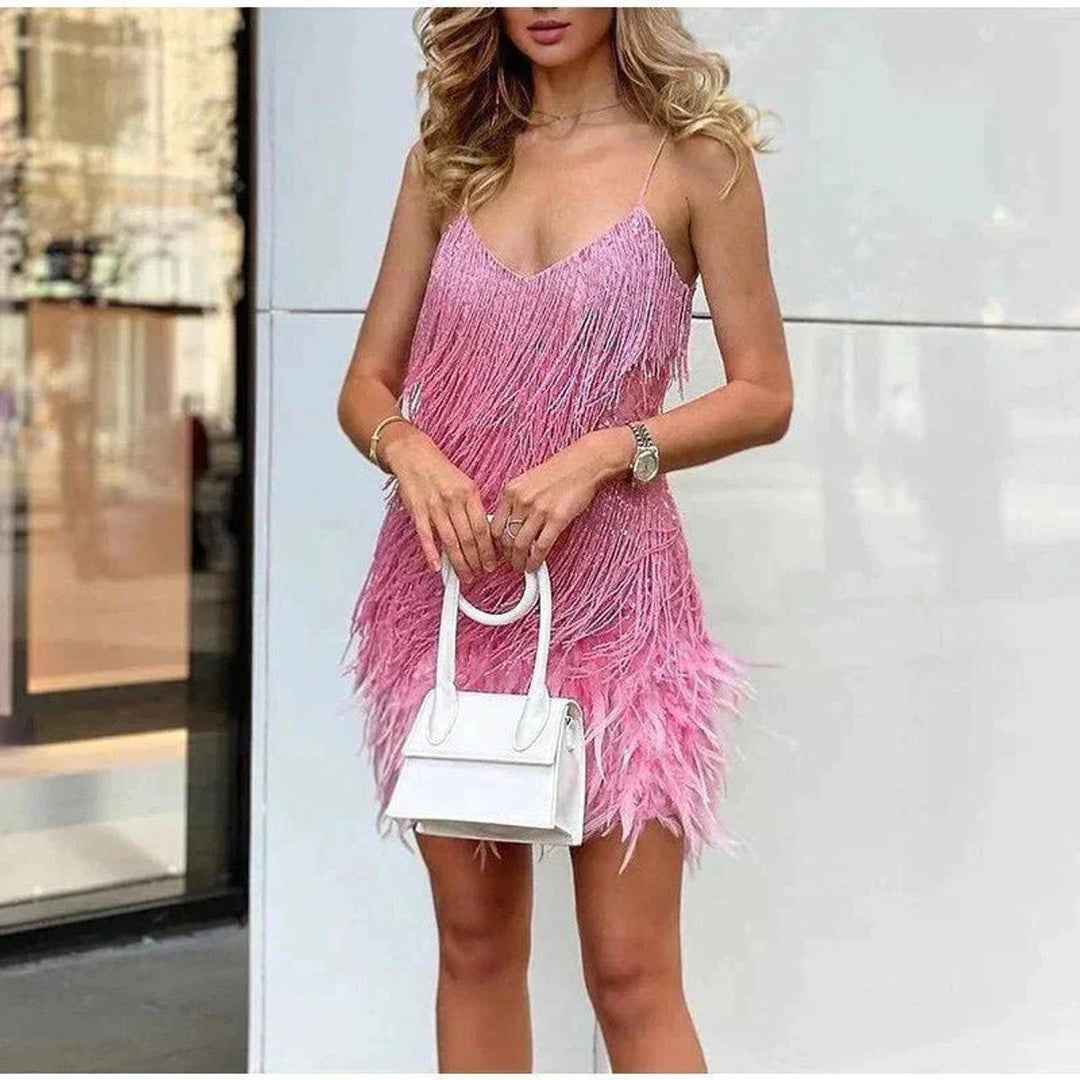 Women's Sequin Fringe Feather-Trim Mini Cocktail Dress - Pink