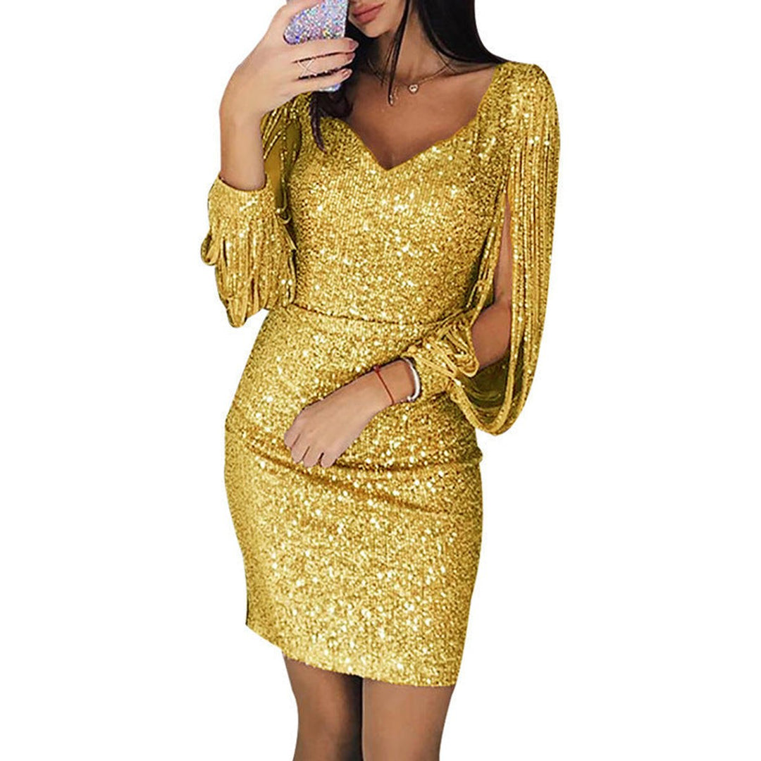 Women's Sequin Tassel-Sleeve V-Neck Bodycon Cocktail Dress - Gold Yellow